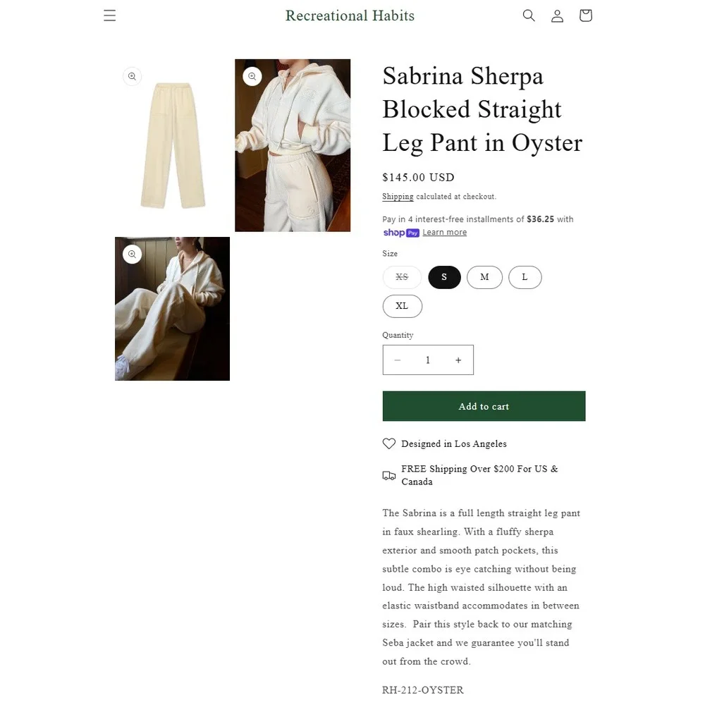 Recreational Habits RH Sabrina Sherpa Blocked Straight‎ Pant XS Oyster Cream New
